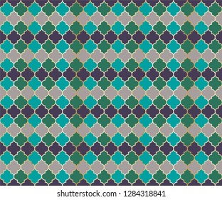 Middle East Mosque Vector Seamless Pattern. Ramadan mubarak muslim background. Traditional ramadan mosque pattern with gold grid mosaic. Cool islamic window grid design of lantern shapes tiles.