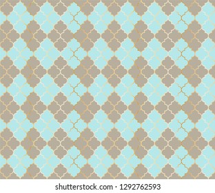 Middle East Mosque Vector Seamless Pattern. Argyle rhombus muslim fabric background. Traditional ramadan pattern with gold grid. Cool islamic argyle seamless design of lantern lattice shape tiles.