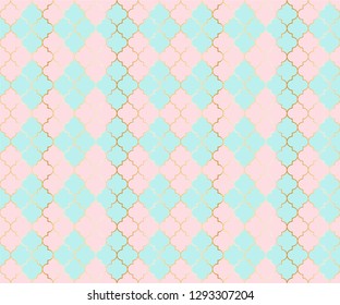 Middle East Mosque Vector Seamless Pattern. Argyle rhombus muslim fabric background. Traditional mosque pattern with gold grid. Chic islamic argyle seamless design of lantern lattice shape tiles.