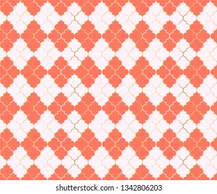 Middle East Mosque Vector Seamless Pattern. Argyle rhombus muslim fabric background. Traditional mosque pattern with gold grid. Chic islamic argyle seamless design of lantern lattice shape tiles.