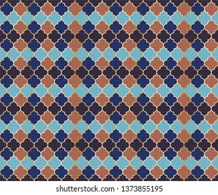 Middle East Mosque Vector Seamless Pattern. Ramadan mubarak muslim background. Traditional ramadan mosque pattern in gold grid borders. Rich islamic window grid design of lantern shapes tiles.
