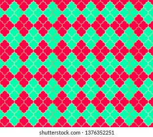 Middle East Mosque Vector Seamless Pattern. Argyle rhombus muslim textile background. Traditional ramadan pattern with gold grid. Rich islamic argyle seamless design of lantern lattice shape tiles.