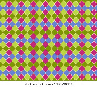 Middle East Mosque Vector Seamless Pattern. Ramadan mubarak muslim background. Traditional ramadan mosque pattern in gold grid borders. Trendy islamic window grid design of lantern shapes tiles.