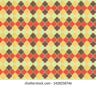Middle East Mosque Vector Seamless Pattern. Ramadan mubarak muslim background. Traditional ramadan mosque pattern with gold grid mosaic. Islamic window grid design of lantern shapes tiles.