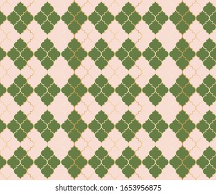 Nahost Moschee Vektorillustration Nahtlose Muster. Argyle Rhombus muslim, Stoffhintergrund. Traditionelle Moschee Muster mit goldenem Gitter. Trendy islamic argyle nahtloses Design von Laternengitter-Formfliesen.