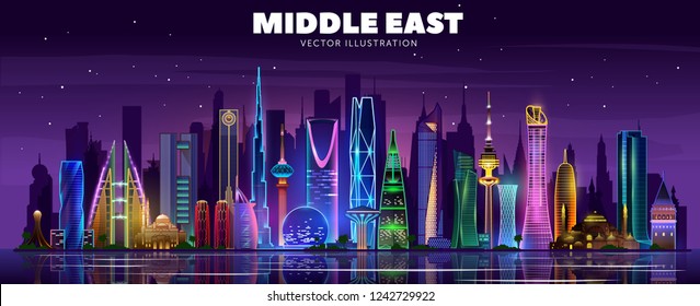 Middle east night skyline. Vector illustration.