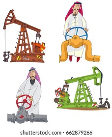 Middle East oil producing related illustrations set. Characters. Arab men turning hand-wheels of pipeline and pumpjack machines.