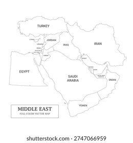 Middle East outline border map and vector illustration  on white background printable and decoration.	