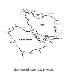 Middle East Outline Map with Saudi Arab vs Iran Conflict. Editable Vector EPS Symbol Illustration. 
