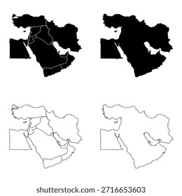 Conjunto de mapas de contorno y relleno sólido de Oriente Medio.