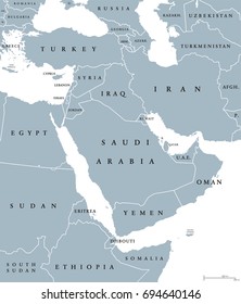 Middle East political map with borders and English labeling. Transcontinental region centered on Western Asia and Egypt in North Africa, also known as Near East. Gray illustration over white. Vector.