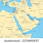 The Middle East, political map with capitals and international borders. Geopolitical region encompassing the Arabian Peninsula, the Levant, Turkey, Egypt, Iran and Iraq. Formerly called Near East.