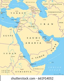 Middle East political map with capitals and national borders. Transcontinental region centered on Western Asia and Egypt. Also Middle-Eastern, Near or Far East. Illustration. English labeling. Vector.