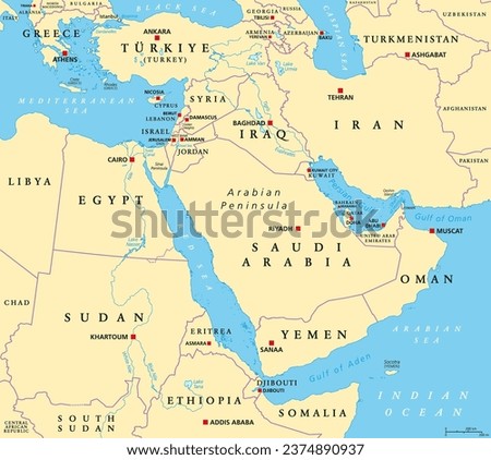 The Middle East, political map with capitals and international borders. Geopolitical region encompassing the Arabian Peninsula, the Levant, Turkey, Egypt, Iran and Iraq. Formerly called Near East. Stock foto © 