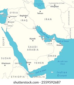 Middle East, political map countries with capitals and international borders