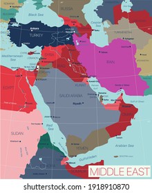 Middle East region detailed editable map with countries capitals and cities. Vector EPS-10 file