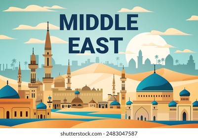 Middle East skyline desert landscape architecture silhouettes minarets domes palm trees sun dunes blue sky travel tourism concept background banner