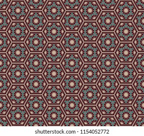 Middle east style maroon Persian green  colors hexagonal  seamless pattern background