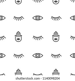 Middle East style seamless pattern with Hamsa icon and Evil Eye symbol which is thought to protect against the evil eye.