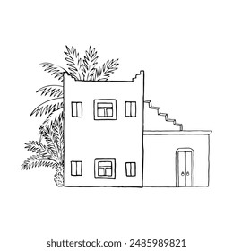 Middle East traditional house with palm trees line vector illustration. Simple black and white Arabian two story building with stairs in Jordan, Emirates, Saudi Arabia or Jerusalem