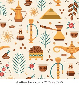 Middle East travel pattern with arabic local food, souvenirs and popular cultural symbols. Arab world and culture seamless background.