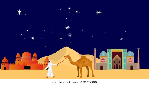 Middle east vector landscape, desert, camel, man