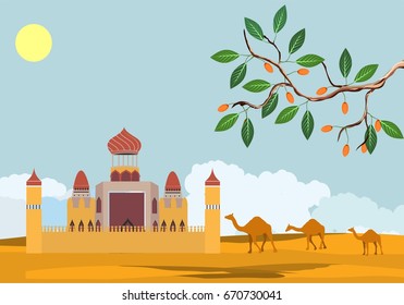 Middle east vector landscape, night in desert, camel, man