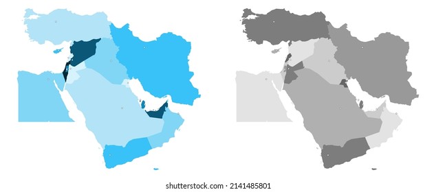 Middle East Vector Map with capitals mapped (optionally). Middle East Map. Blue, gray, grey colors. 