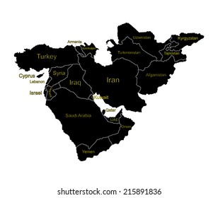Middle east vector map set of states. high detailed silhouette illustration isolated on white background. Middle east countries collection illustration. Asia icon of middle east states. 