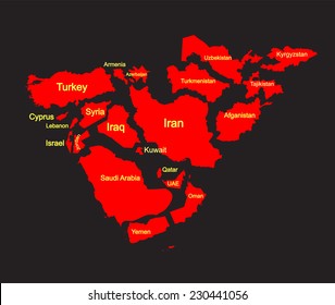 Middle east vector map set of states. high detailed silhouette illustration isolated on white background. Middle east countries collection illustration. Asia icon of middle east states. 
