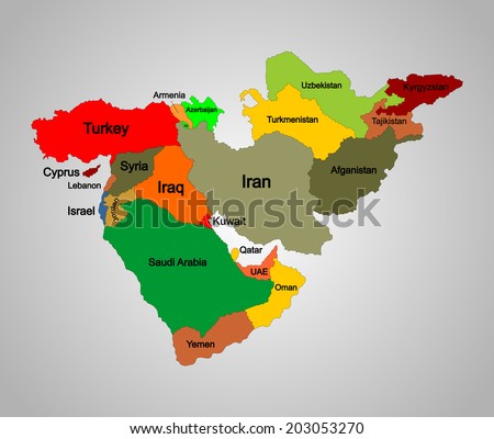 Middle east vector map set of states. high detailed silhouette illustration isolated on white background. Middle east countries collection illustration. Asia icon of middle east states. 