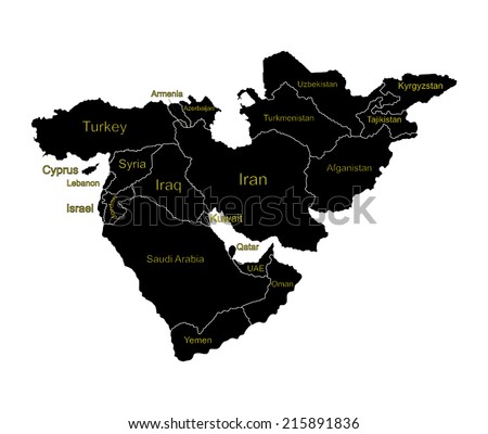 Middle east vector map set of states. high detailed silhouette illustration isolated on white background. Middle east countries collection illustration. Asia icon of middle east states. 