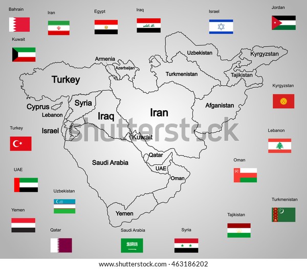 Middle east vector map set of states and flags. high\
detailed silhouette illustration isolated on white background.\
Middle east countries collection illustration. Asia icon of middle\
east states. 