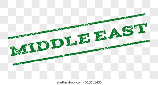 Middle East watermark stamp. Text caption between parallel lines with grunge design style. Rubber seal stamp with scratched texture. Vector green color ink imprint on a chess transparent background.