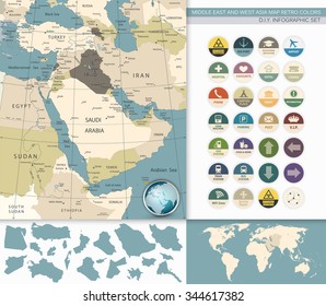 Middle East And West Asia Map Retro Colors.