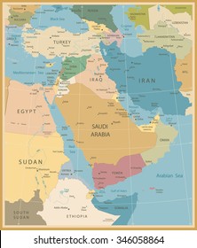 Middle East And West Asia Map Vintage Colors 