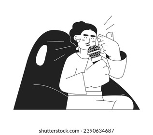 Middle eastern anchorwoman holding microphone black and white 2D cartoon character. Arab lady laughing mic isolated vector outline person. Television presenter monochromatic flat spot illustration