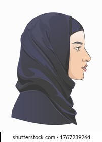 Middle Eastern arabian muslim woman wearing hijab. Young beautiful girl face portrait in scarf. Profile aspect. Looking side angle. Vector line watercolor illustration