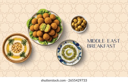 Middle eastern, arabic traditional breakfast with hummus, falafel and olive and labnah. Top view watercolor style
