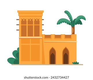 Middle Eastern architectural structure with plane roof and rectangular column. Arabic mud house with bushes palm tree. Cultural heritage of Mediterranean. Tourism and vocation. Vector in flat style