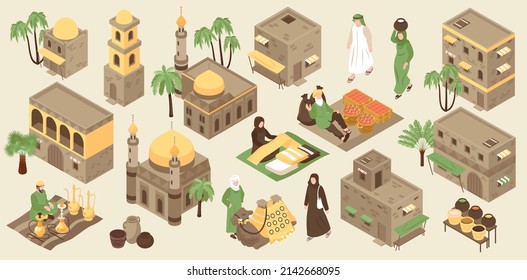 Middle eastern architecture color set of mosque with minaret tower arabian street market isometric images isolated vector illustration