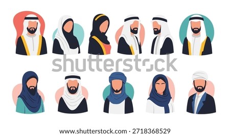 Middle Eastern avatars featuring men and women wearing traditional clothing like thobes and hijabs in a clean flat illustration style.