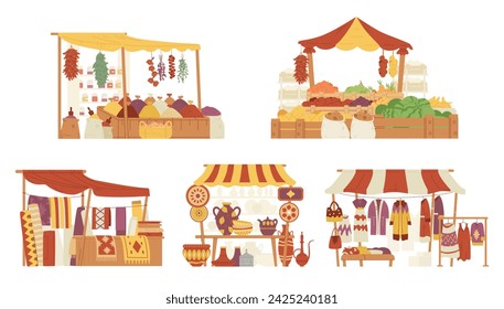 Middle Eastern bazaar stalls flat vector illustrations set. Exotic street shops vector collection.