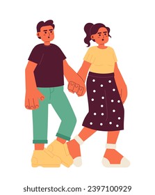 Middle eastern boyfriend girlfriend hands holding 2D cartoon characters. Wow astonished couple isolated vector people white background. Landmarks sightseeing young adults color flat spot illustration