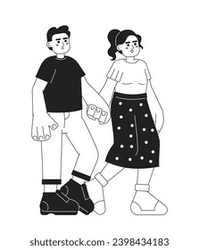 Middle eastern boyfriend girlfriend hands holding black and white 2D cartoon characters. Wow astonished couple isolated vector outline people. Landmark sightseeing monochromatic flat spot illustration