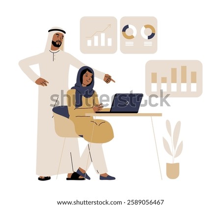 Middle Eastern Business Team In Flat Vector Illustration Symbolizing Corporate Collaboration, Digital Strategy, And Financial Growth, Isolated On White Background