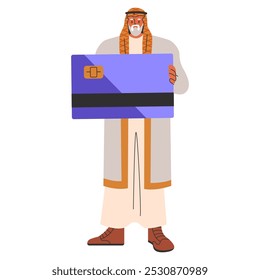 Middle Eastern businessman concept. A man in traditional attire holding a credit card. Cross-cultural finance and global business. Vector illustration.