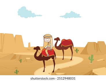 Middle Eastern businessmen riding camels walking in the desert