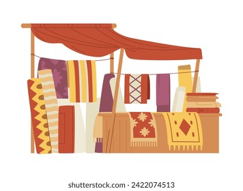 Middle Eastern carpets street shop with seller flat vector illustration isolated on white.