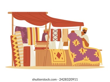Middle Eastern carpets street shop with seller flat vector illustration isolated on white.